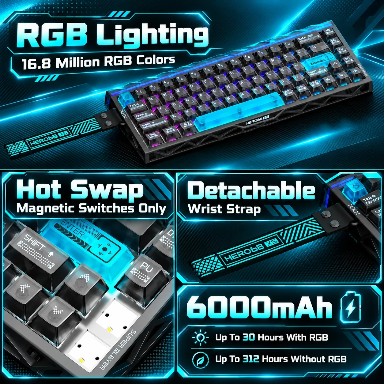 AULA Hero68 XS Hall Effect Gaming Keyboard 60 Percent Wireless Tri Mode 8000Hz Rapid Trigger Magnetic Switch RGB 6000mAh For PC - view 5