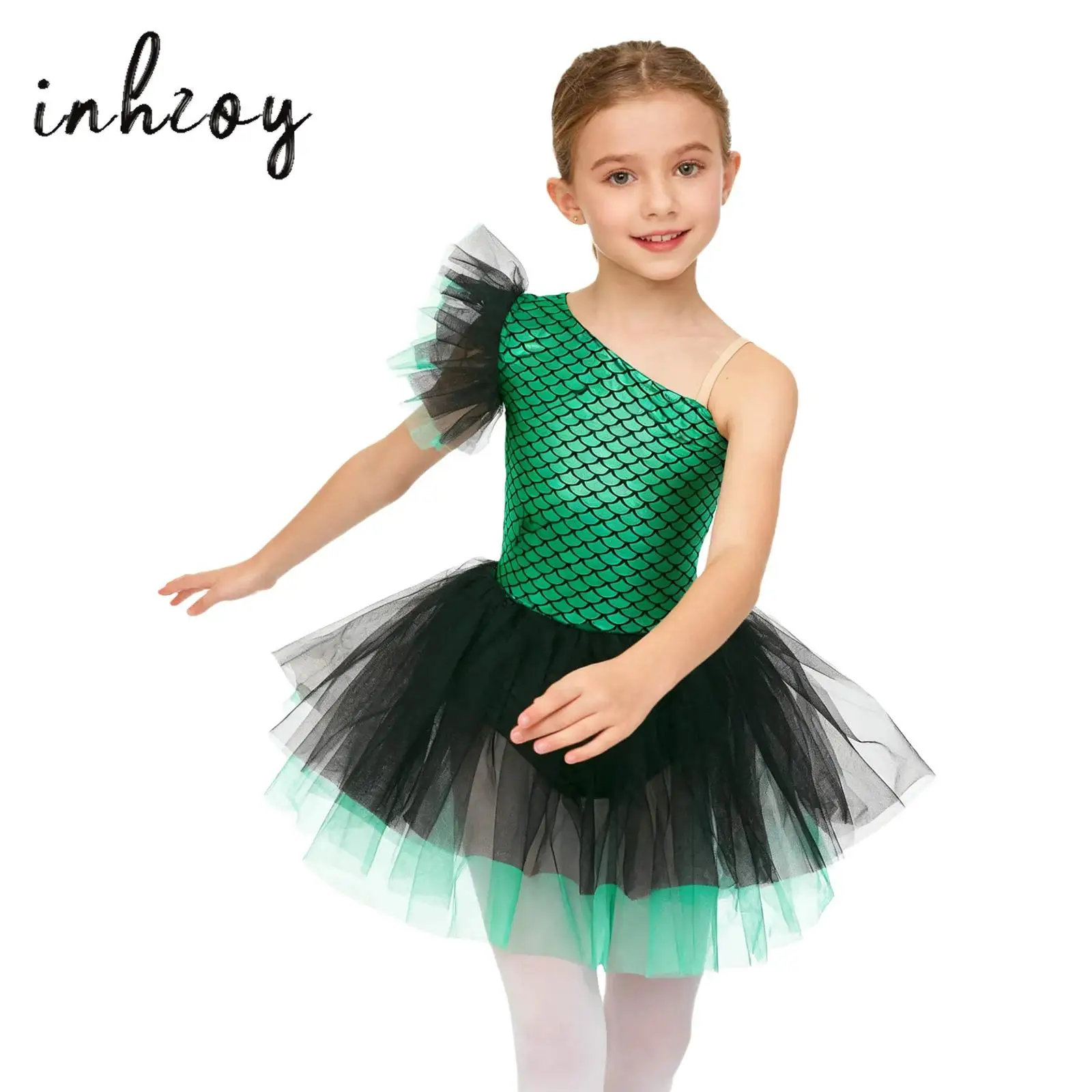 

Girls Ballerina Costume Halloween One Shoulder Sleeveless Mermaid Fish Scales Print Tutu Dress Ballet Dance Leotard Dancewear