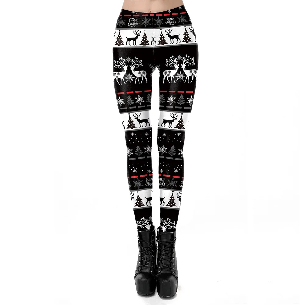 Nadanbao Black Snowflakes Print Leggings Women Merry Christmas Mid Waist Elastic Tights Trousers Female Holiday Party Pants