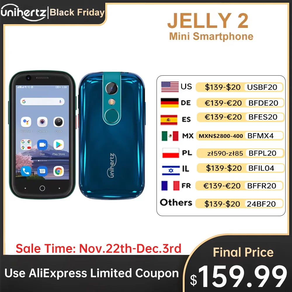 Unihertz Jelly 2 هاتف صغير جيب أندرويد 11 Helio P60 ثماني النواة 4G LTE ثنائي الشريحة هاتف ذكي غير مقفول 6 جيجابايت + 128 جيجابايت NFC الهاتف المحمول