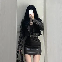 Sweet Cool Long Sleeve Leather Coat Women+ Y2k Sexy Slim Waist Bodycon Camisole Dresses 2024 Autumn New Two Piece Sets