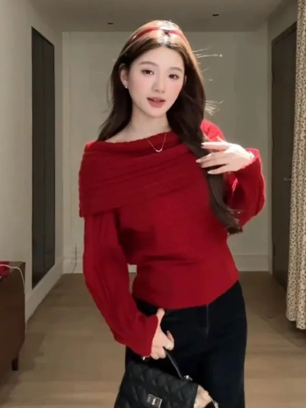 

Cisas Theme One oulder Red Knitted Sweater Women's Autumn Winter Lazy High ade Inner Wear Top Relax Sle Regular Fit