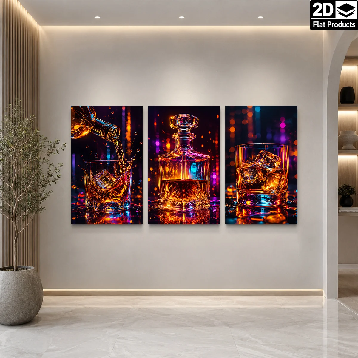 2D Flat 3PCS - Three panels show whiskey being poured bottle and glass with ice and neon lights Themed Canvas Wall Art, Water