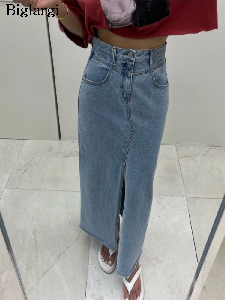 

Denim Summer High Waist Long Skirt Women Split Pleated Fashion Sexy Ladies Skirts Korean Style Woman Straight Skirts