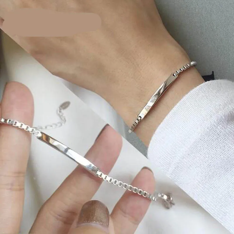 100% Solid Real 925 Sterling Silver Box Chain Link Bracelet for Women Girls Lady 19-20CM Women\'s Fine Jewelry Bracelets