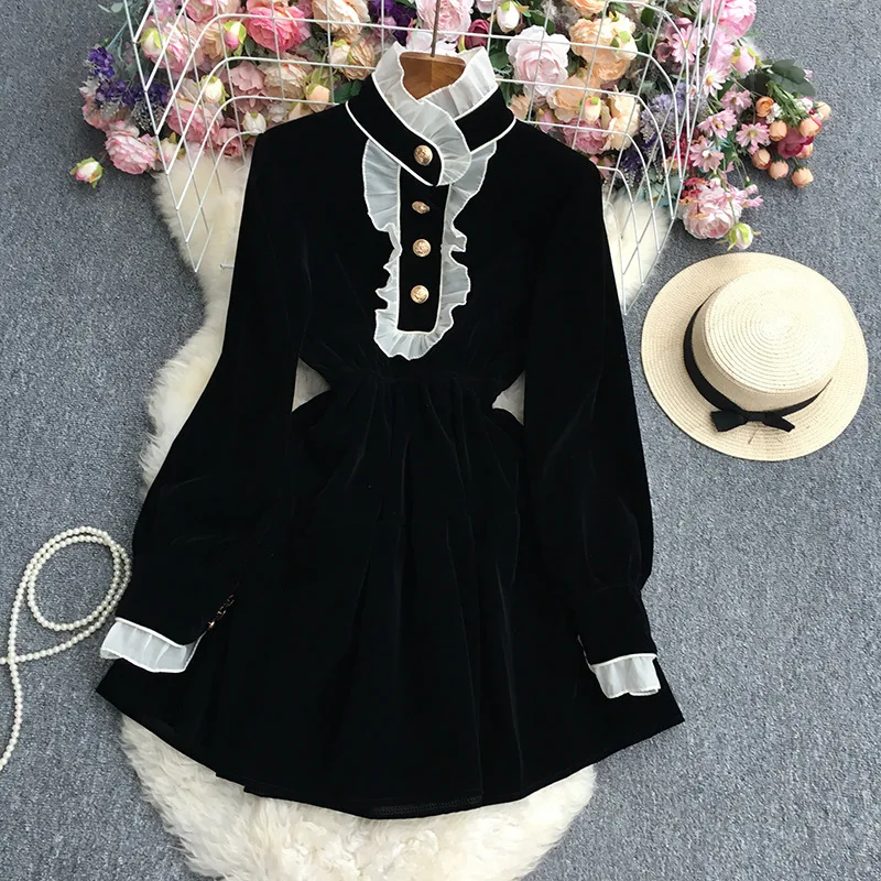 Autumn Winter White Ruffles Neck Black Long Sleeve Short Velvet Dress For Women Golden Button Prom Evening Party Vestidos