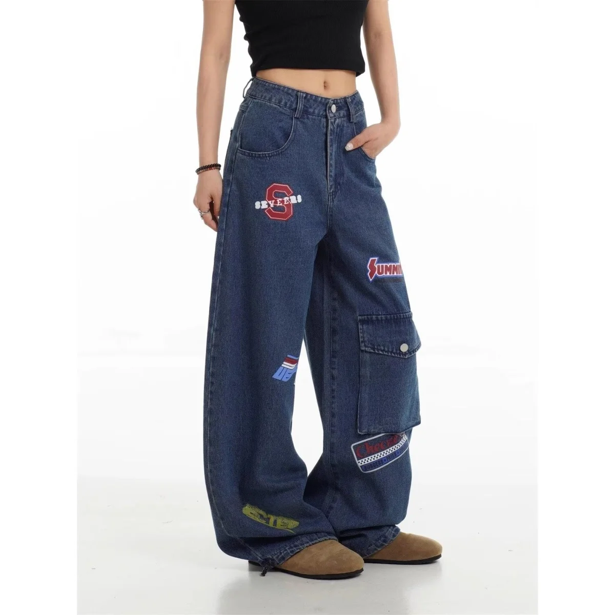 

Ретро-джинсы в американском стиле с вышивкой, выцветшие, свободные, широкие, мужские брюки-буткат, повседневные длинные брюки для молодежи