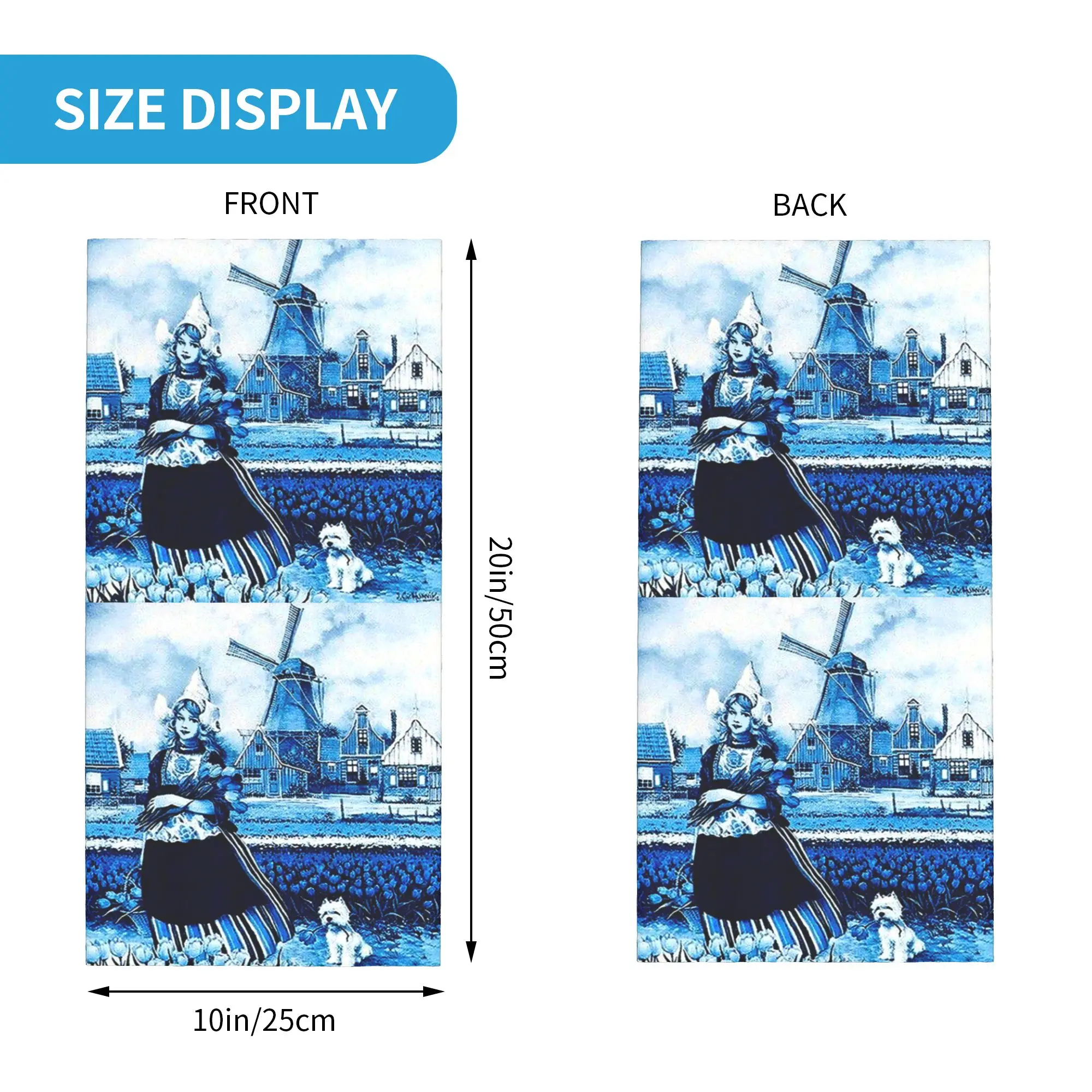 Dutch Delft Windmill Young Girl Dog and tulips Print Bandana Neck Cover Printed Wrap Mask Scarf Headband Outdoor Sports Unisex