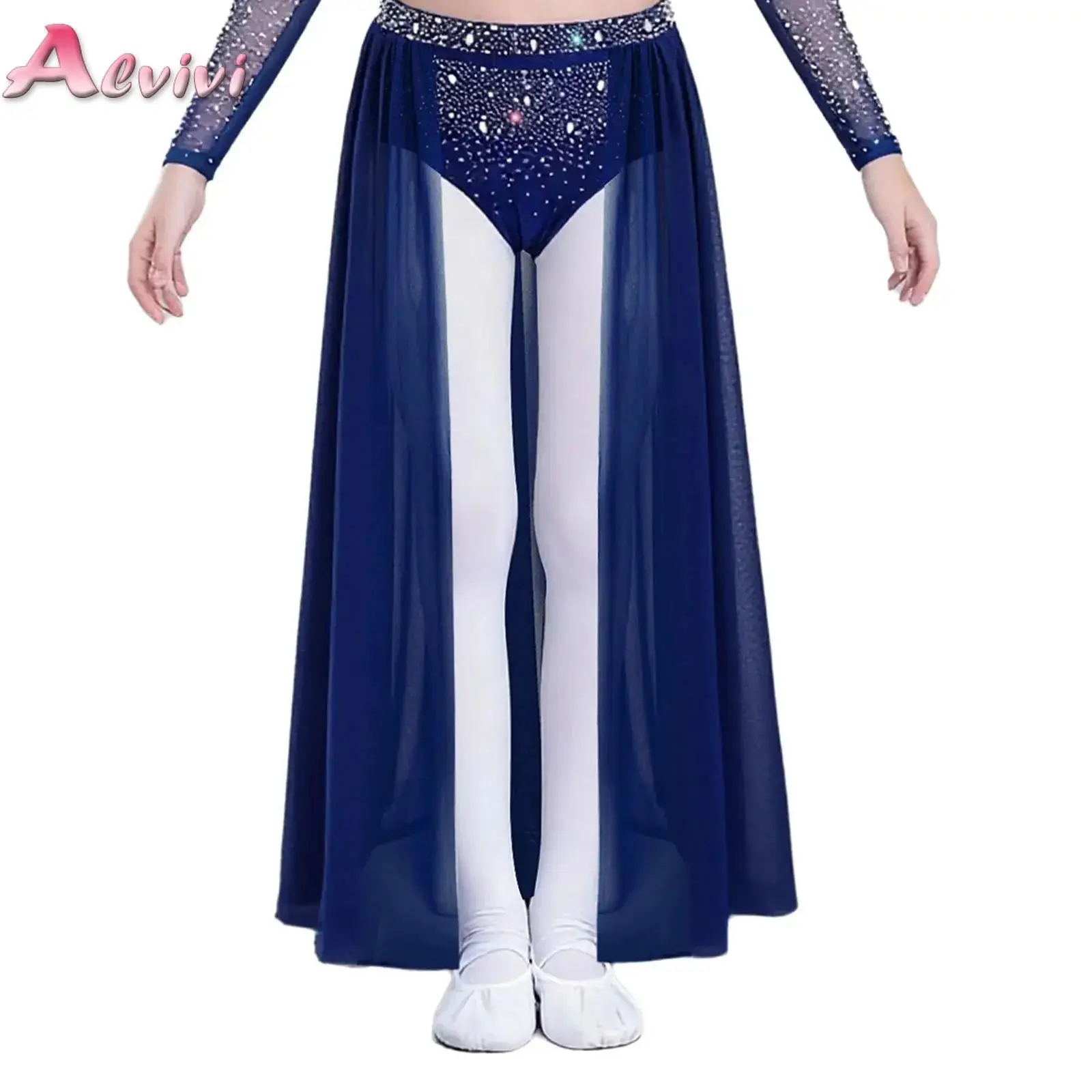 

Kids Girls Lyrical Dance Maxi Skirts Open Front Flowy Sheer Mesh Skirt with Built-in Briefs Ballet Stage Performance Clothes