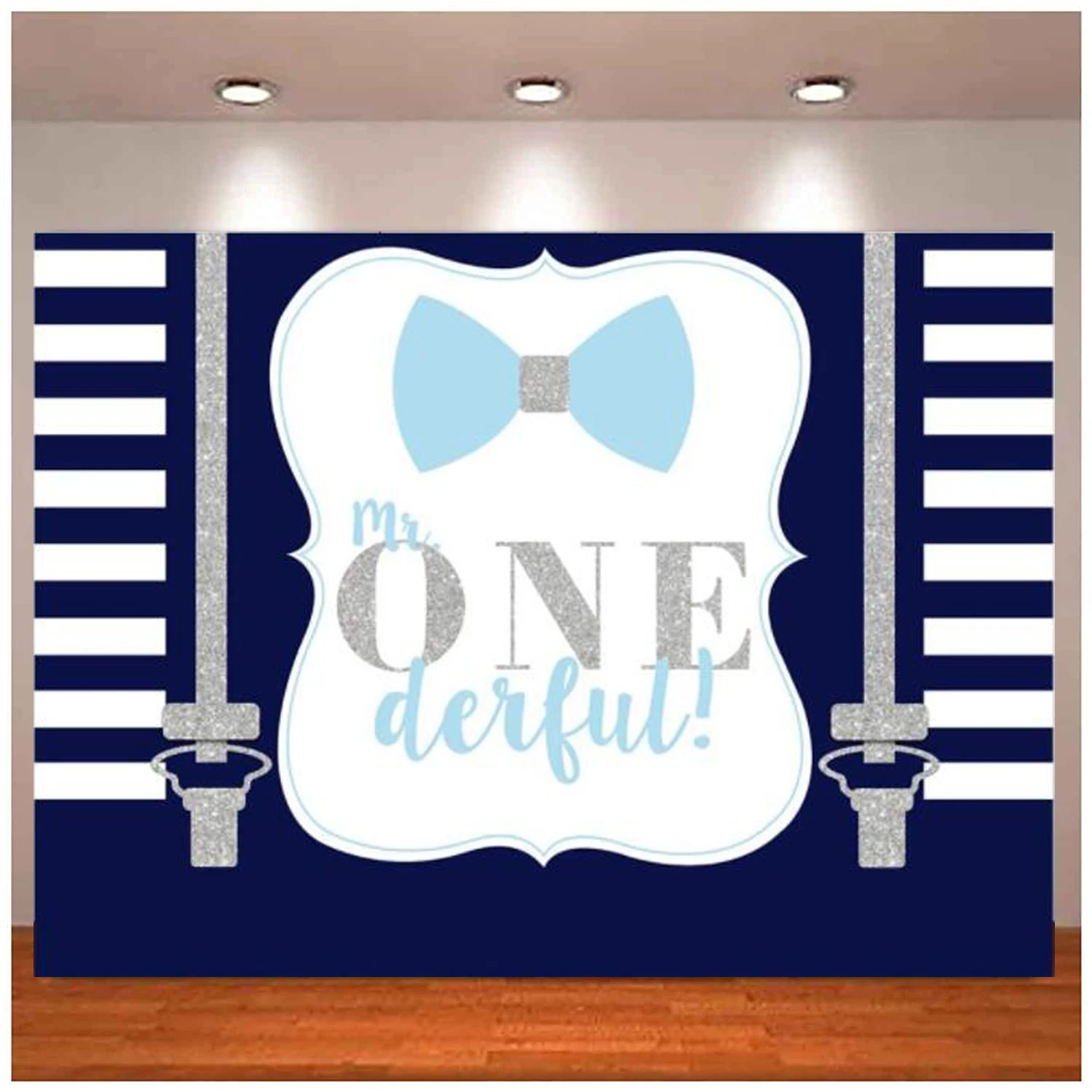 

Little Boy Happy 1st Birthday Photography Backdrop Mr Onederful Background Blue White Stripes Silver Tie Party Decor Supplies