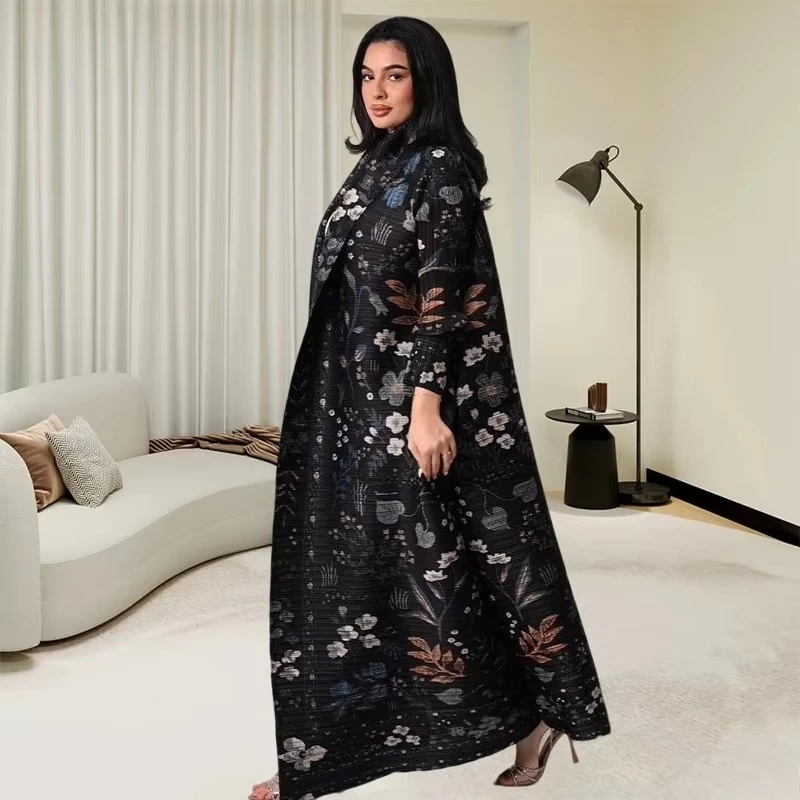 

Abaya Miyake Pleated Printed Robe Jacket Arabian Dubai Style Women's Long Sleeve Conservative Demure Muslim Trench Coat 55inches