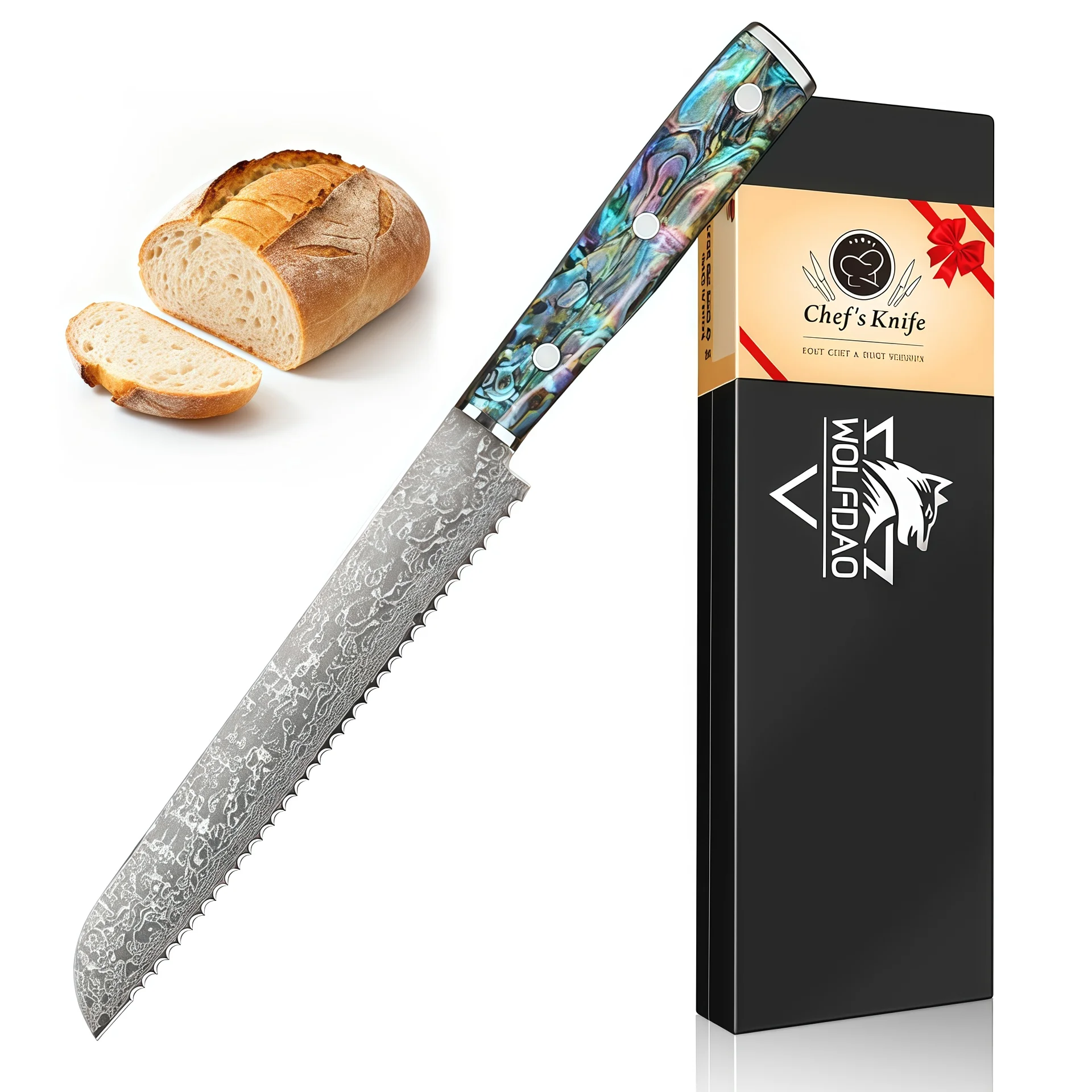 SIAZIH Scharfes Gezacktes Brotmesser mit 20-Zentimeter-Klinge, Gefertigt aus Langlebigem Edelstahl, Griff aus Schalengeflecht – Detail 1