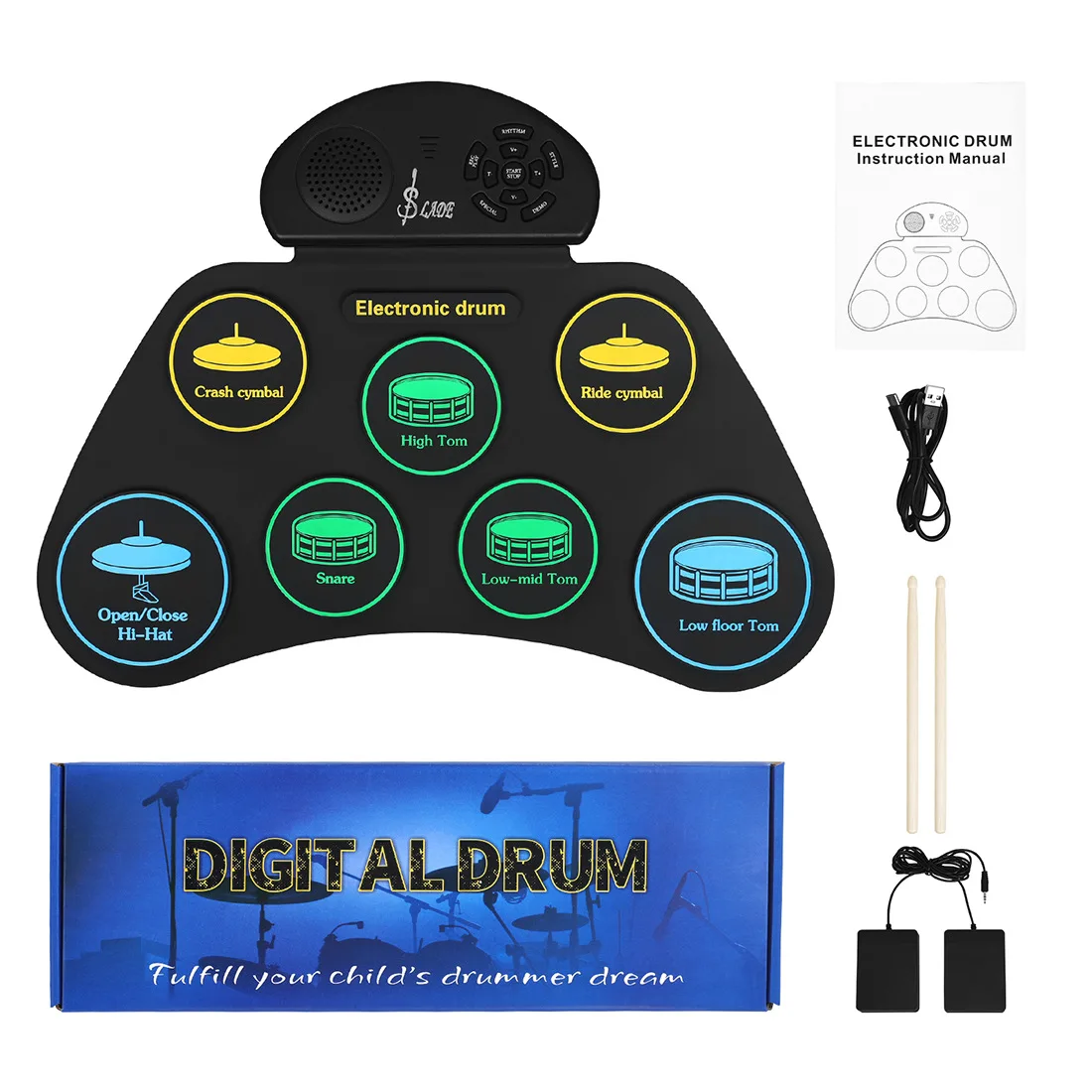7 Pads Roll Up Electronic Drum Jazz Drum Portable Simple Silicone Percussion Pad For Adult Beginner Musical Instrument