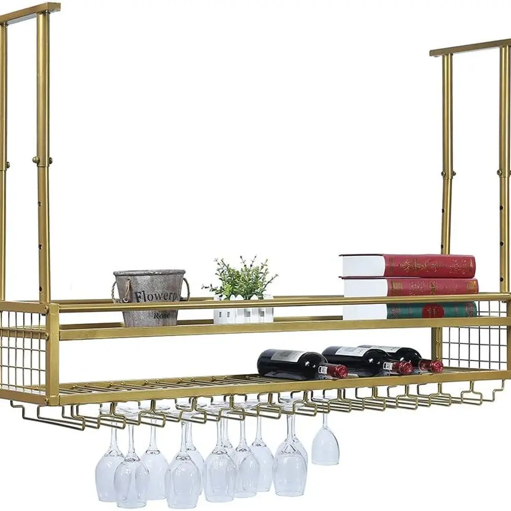 

Hanging Wine Glass Rack Ceiling for Bar Restaurants,47.2in Adjustable Metal Wine Glass Holder,Industrial Iron Wine Shelf Wall Mo
