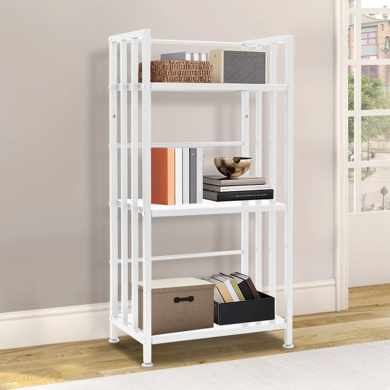 

(White) 3-Tier Floor Standing Display Bookshelf, Open Shelf Bookcase, Metal Display Rack, for Home and Office, 60*25*78.5 cm