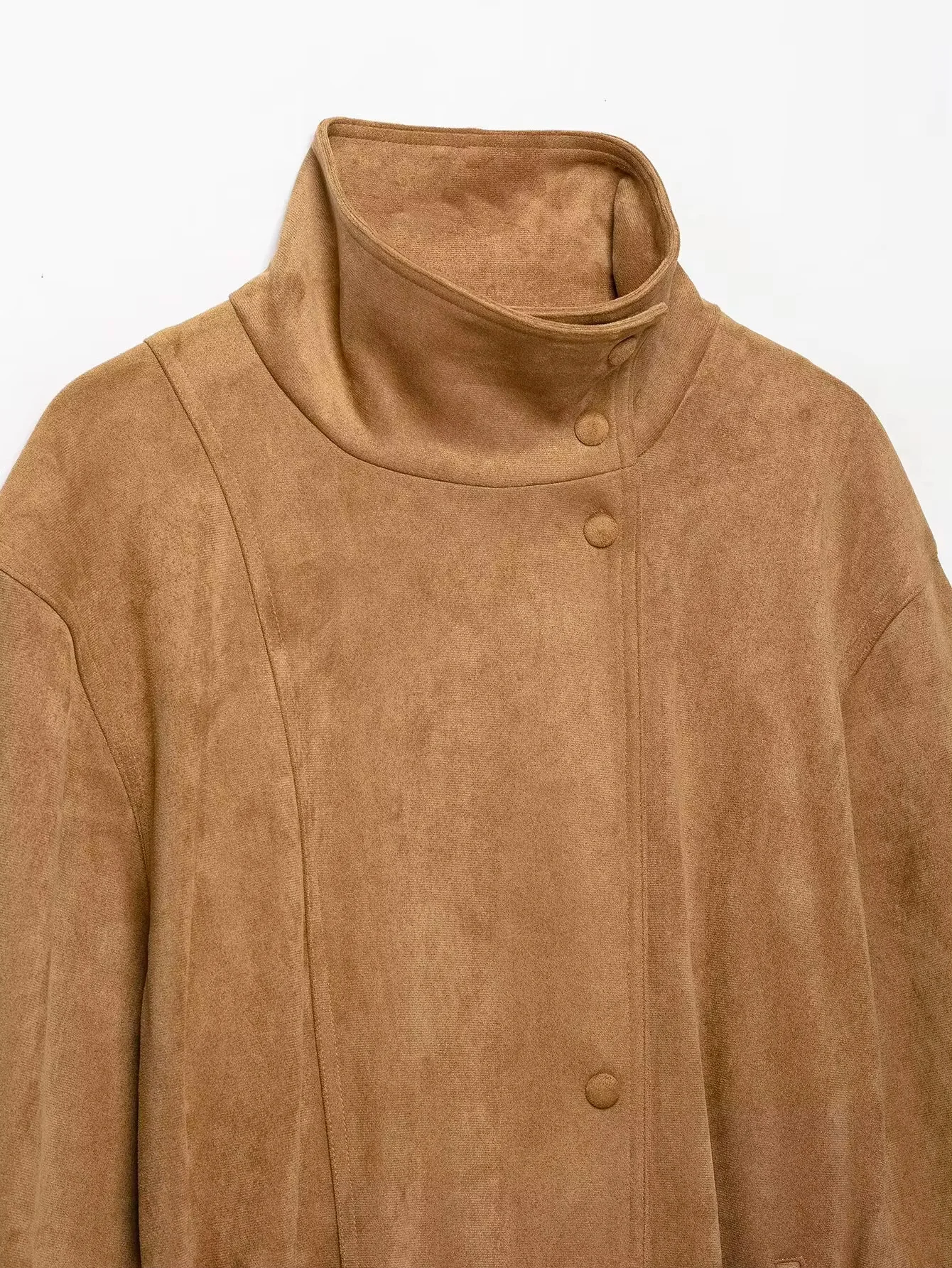HH Damenmode, Jacke aus Kunstwildleder mit hohem Stehkragen, Vintage-Stil, einreihig, Taillenbetonter Schnitt, Frühling/Herbst, für Büro und Alltag, Oberbekleidung. – Detail 7
