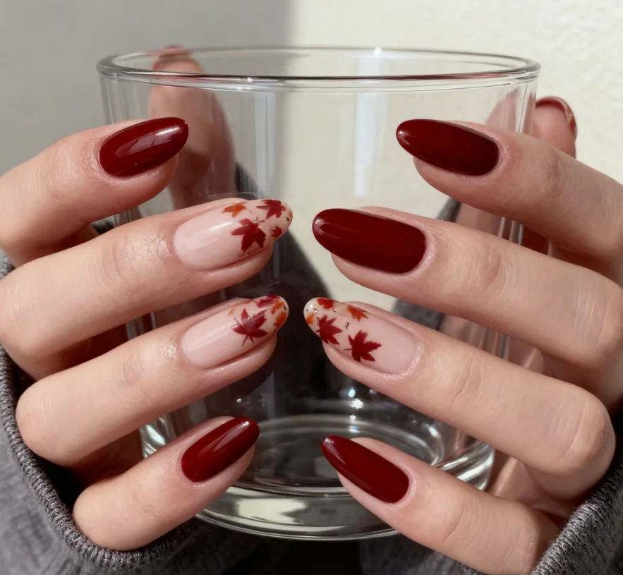 24PCS Almond-Shaped False Nails In Wine Red With Maple Leaf Glitter Design, Glossy Medium Size, Cute Autumn Maple Acrylic Nails