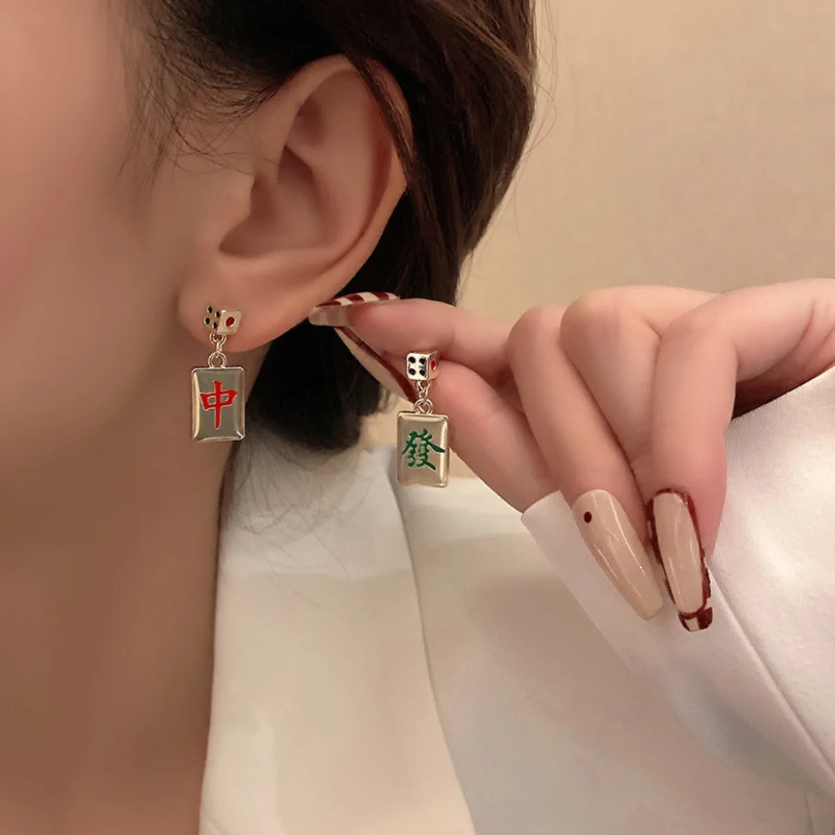 2024 New Design Mahjong Earrings for Women Golden Red Color Fashion Jewelry New Year Make A Fortune Lucky Gifts Charm Earring