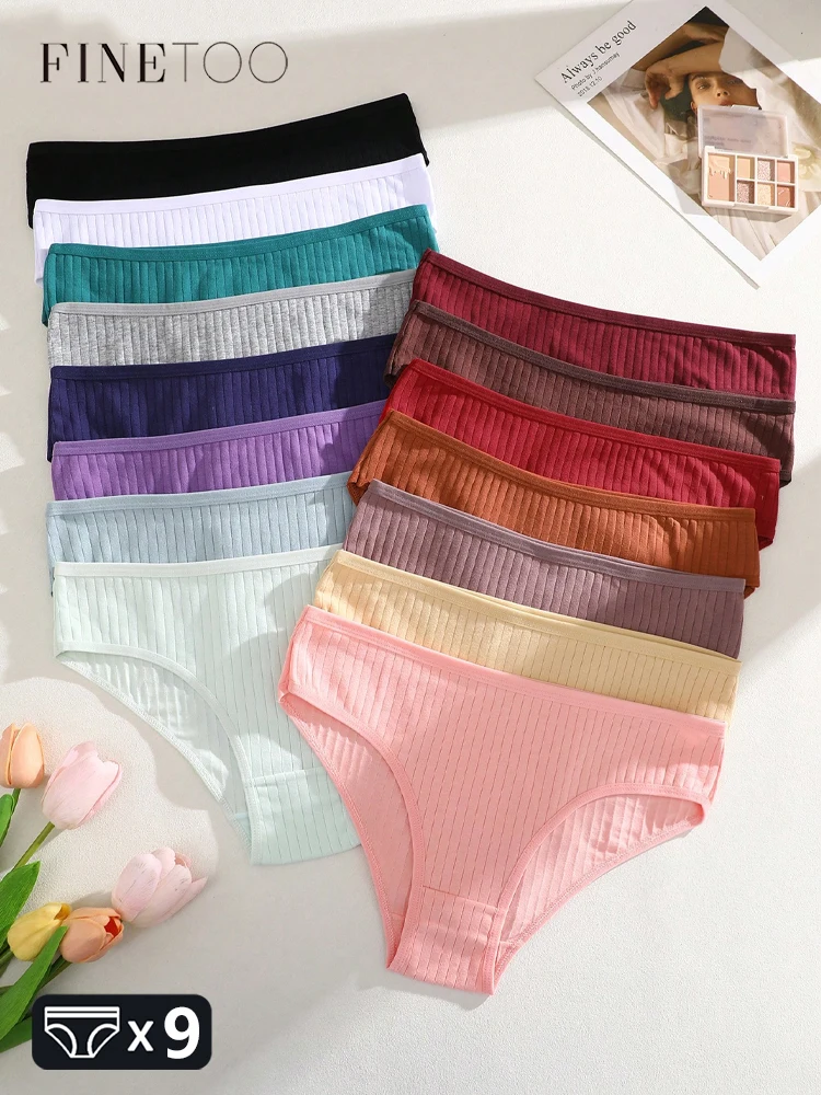 FINETOO 9PCS Baumwolle Gestreifte Unterwäsche für Frauen Sexy Atmungsaktive Grundlegende Slips Weibliche Bequeme Höschen Dehnbare Dessous M-XL