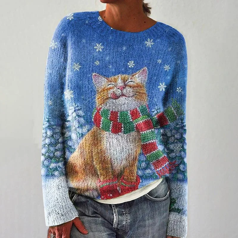 2025 الخريف والشتاء جديد القط طباعة الكتف طويلة الأكمام المرأة سترة عارضة الصوف سترة أوروبا وأمريكا