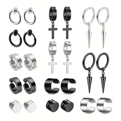 2-12 Pair Punk Men's Fashion Cross Magnet Stainless Steel Ear Studs and Earrings Set