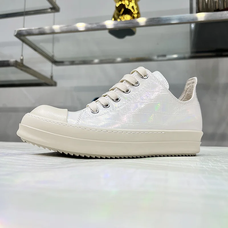 

Men Casual Shoes White Pearl Holographic Illusion Leather Ro Luxury Trainers Couple Low Top High Thick Sole Designer Sneakers