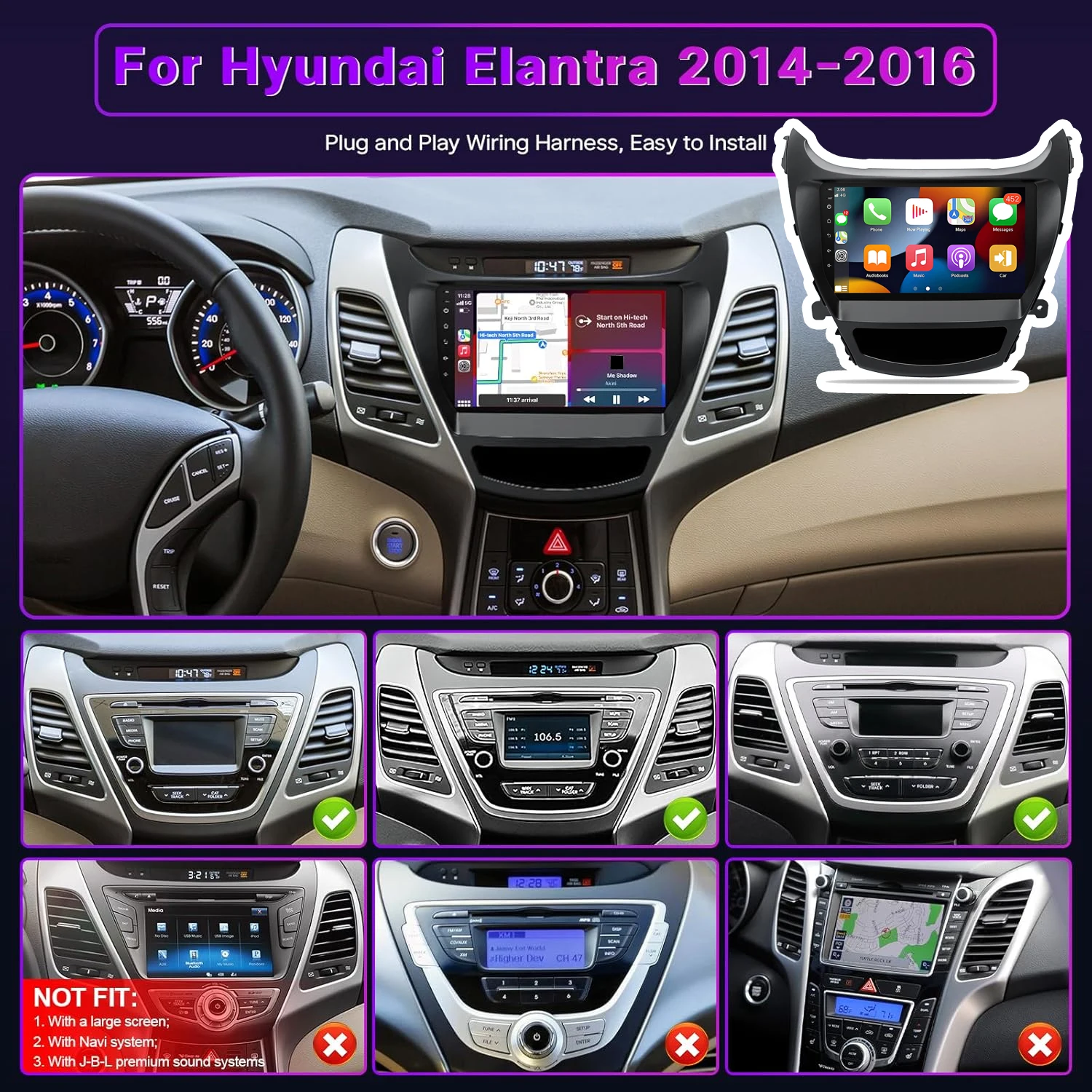 

2+64GB 9''Car Stereo Radio GPS Navi for Hyundai Elantra 2014-2016 Android15 with Carplay/Android Auto Mirror Link Split Screen