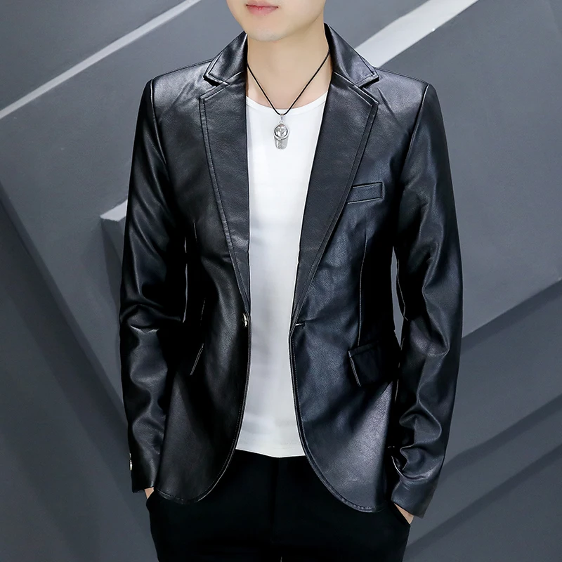 

Мужской модный тренд 2026: высококачественный однотонный приталенный блейзер из искусственной кожи, осенний свободный комфортный повседневный костюм для мужчин