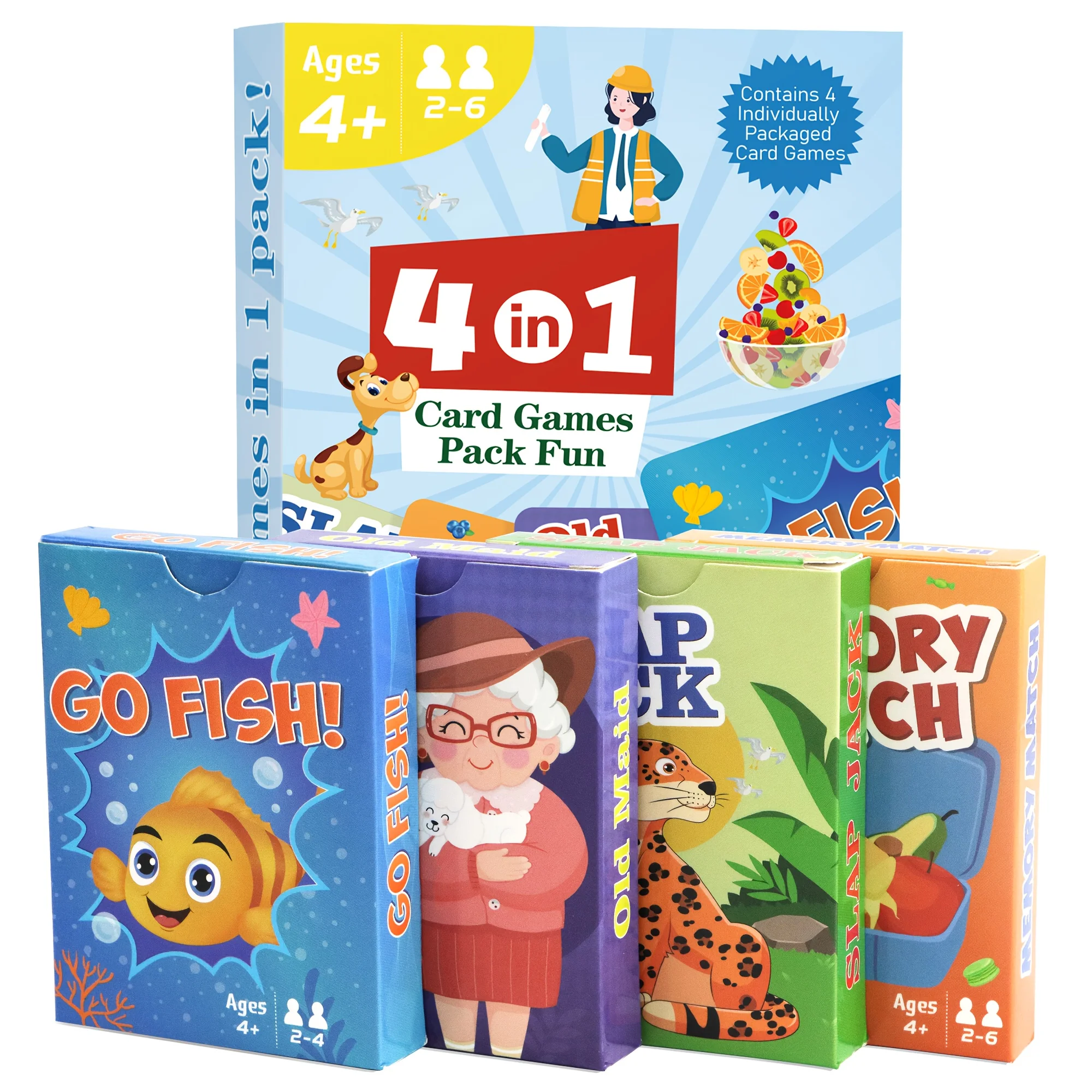4 in 1  Kids Card Games: Go Fish, Old Maid, Memory Match, Slap Jack; Birthday Gifts for Boys and Girls Ages 4+; Educational Game