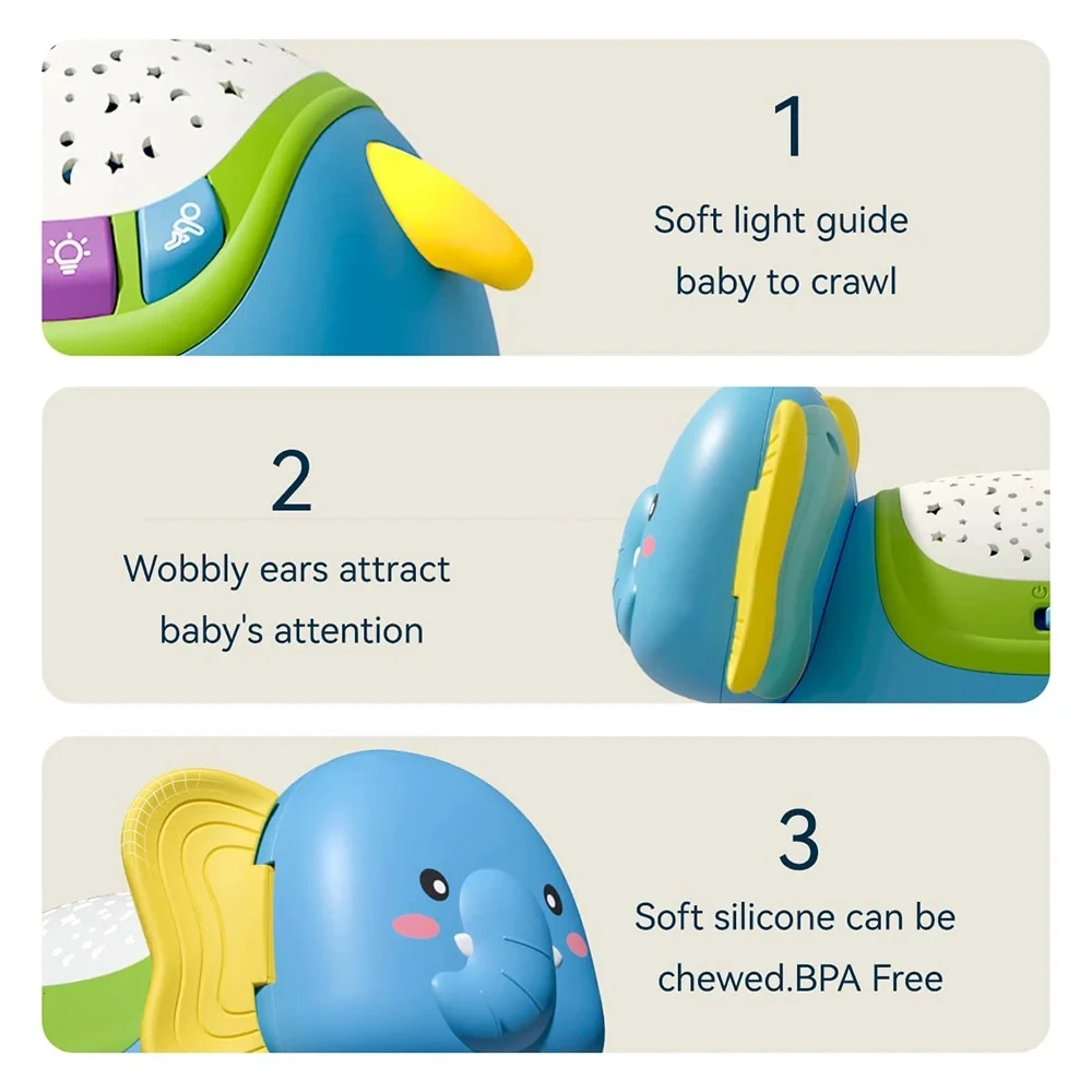 คลานของเล่นดนตรีช้าง Tummy Time เด็กพร้อมตัวจับเวลาสีสัน Light Up Projection ของขวัญวันเกิดสําหรับเด็ก