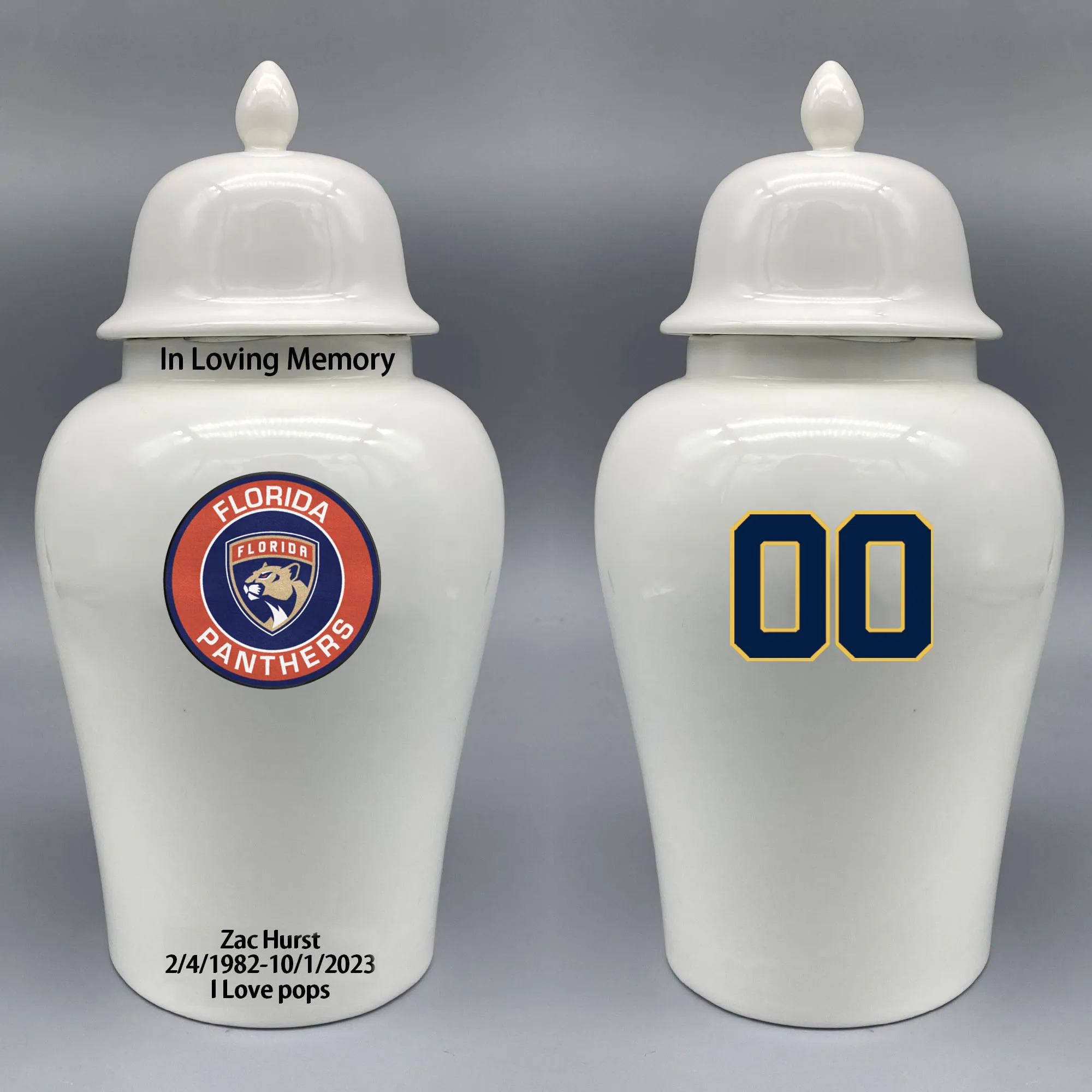 

Large Urn for Florida Panthers-themed Hockey Urn.Please send me the customize information-name/date and number on the urn