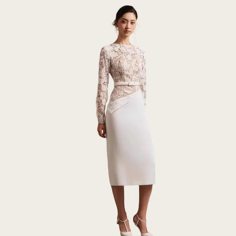

HUISONG Fashion Women's Elegant Lace Patchwork Dress Niche Design High-end High Waist Slimming Pencil Dress 2025 Female v72let