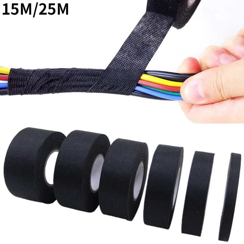 

15M Heat-resistant Adhesive Cloth Fabric Tapes 9/15/19/25/30/38mm For Automotive Cable Harness Wiring Loom Electrical Heat Tape