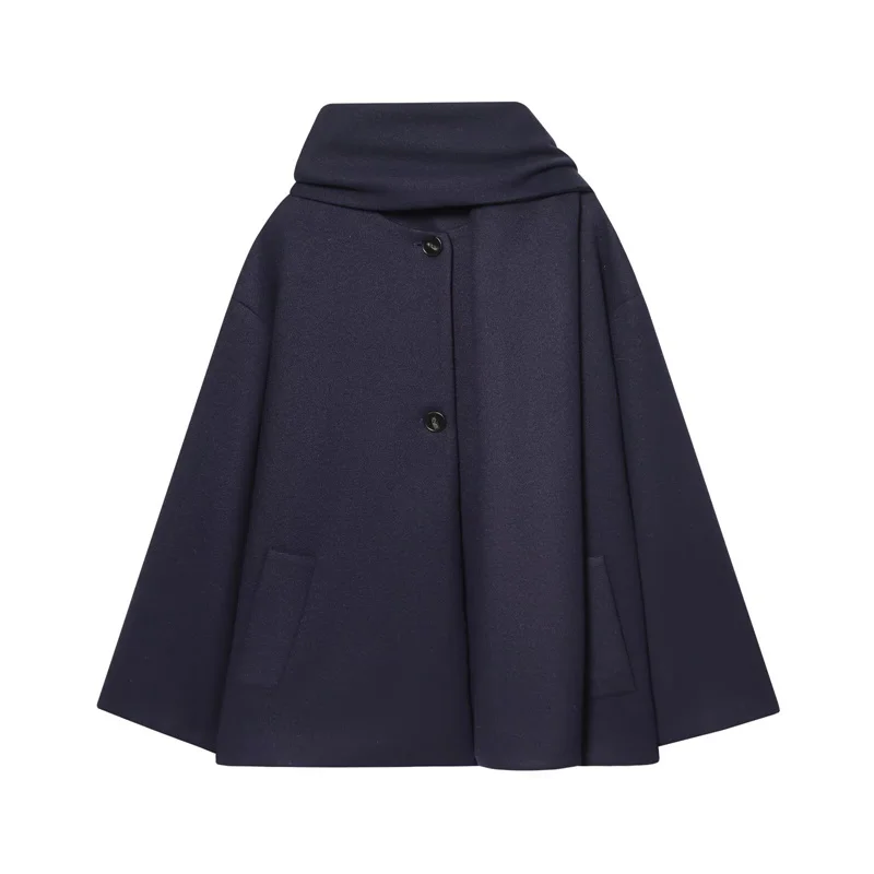 Manteau cape en laine mélangée bleu marine pour femmes, décolleté ample, veste décontractée à simple boutonnage, nouvelle collection début du printemps 2026