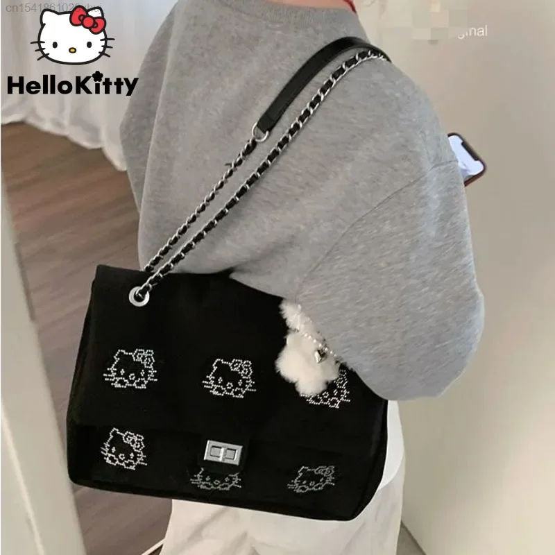 Sanrio Hello Kitty Large Capacity Bag For Women 2024 New Trendy Fashionable Nylon Black Bag Aesthetic Crossbody Bag Ladies Tote