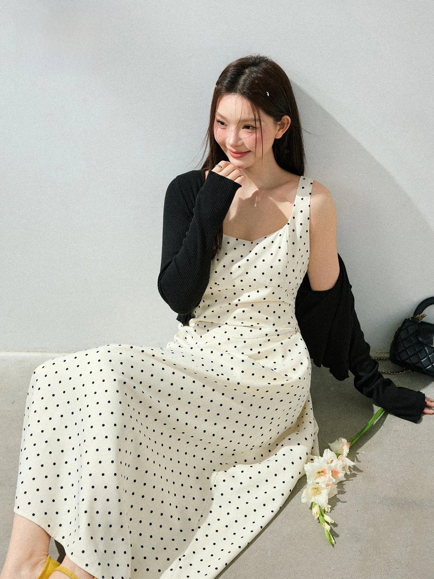 

Женский комплект больших размеров: белое платье в горошек на бретельках, приталенное, роскошное, для офиса, с высокой талией, длинным рукавом, весенняя мода