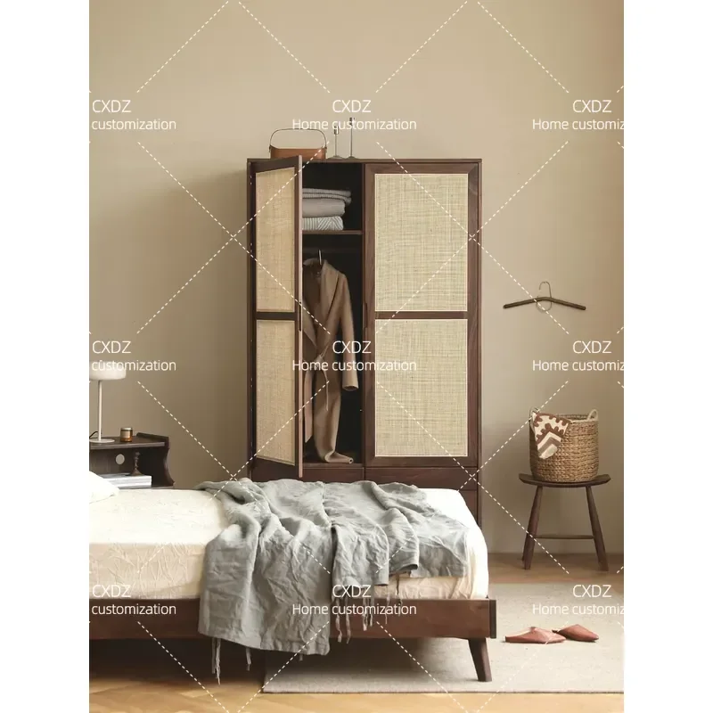 Nordic Simple Solid Wood Wardrobe Household Rattan Storage Double Door Cabinet Cherry Wood Bedroom Large Locker Closet