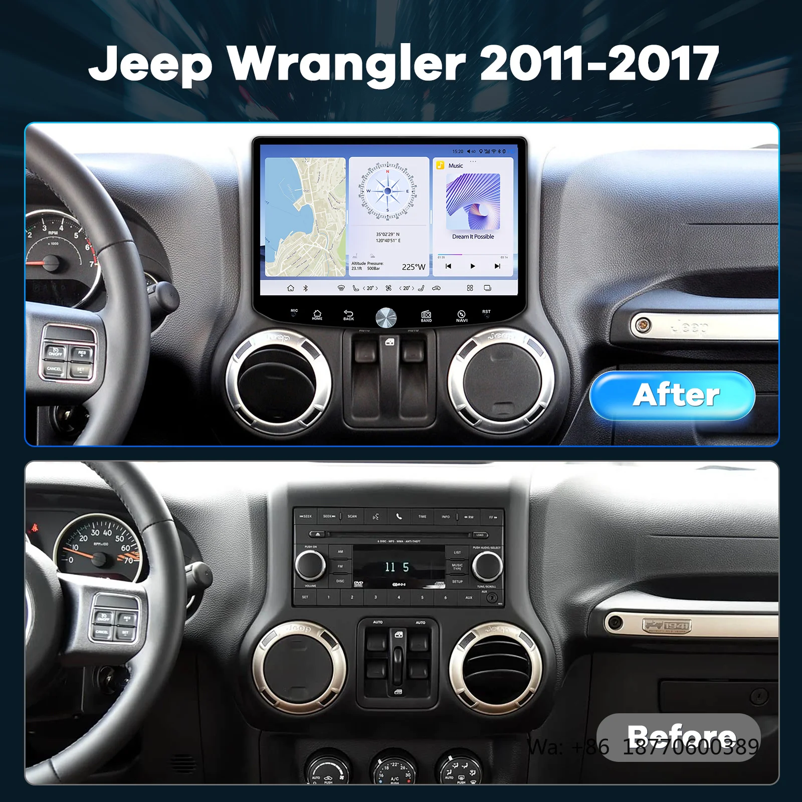 

11.5 Inch Radio Screen DVD Player Snapdragon 665 for Jeep Wrangler JK 2011-2017 Touchscreen Wireless Android Auto 4G Multimedia