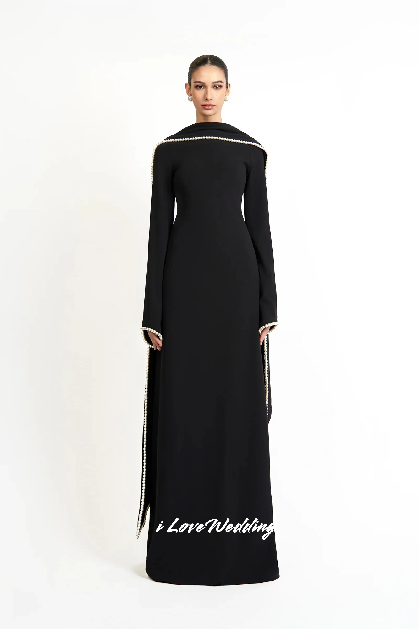 

Black O-Neck Evening Dresses 2025 Satin Long Sleeve Pearl A-Line Floor-length Pleated Elegant Wedding Party Dresses Customized