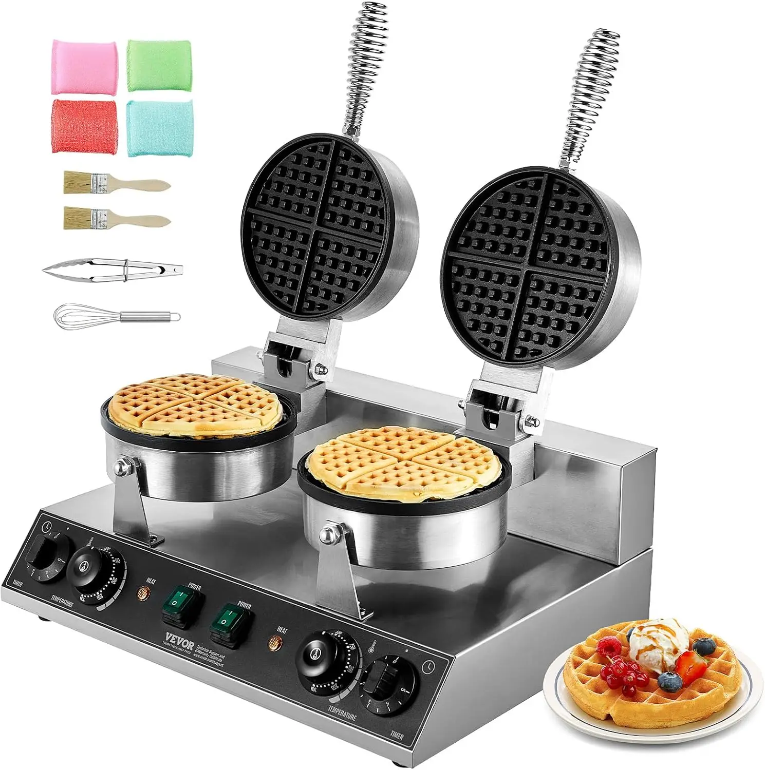 Commercial Waffle Maker, Dual-Head Round Waffle Baker Machine, 2460W Non-Stick Stainless Steel Belgian Waffle Iron with Temp and