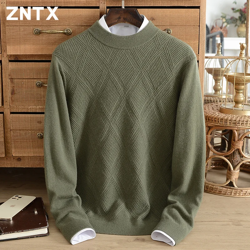 

ZNTX New men's 100% pure cashmere sweater half turtleneck knitted jacquard stripe casual winter warm sweater large size pullover