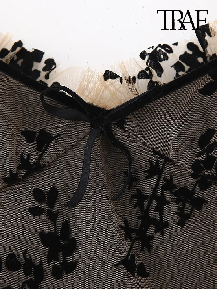 TRAF donne estate nuovo retrò elegante bruciato fiore stampa splicing maglia cavezza abito ins super fuoco spalline sottili backless Slim sottile temperamento abito fata
