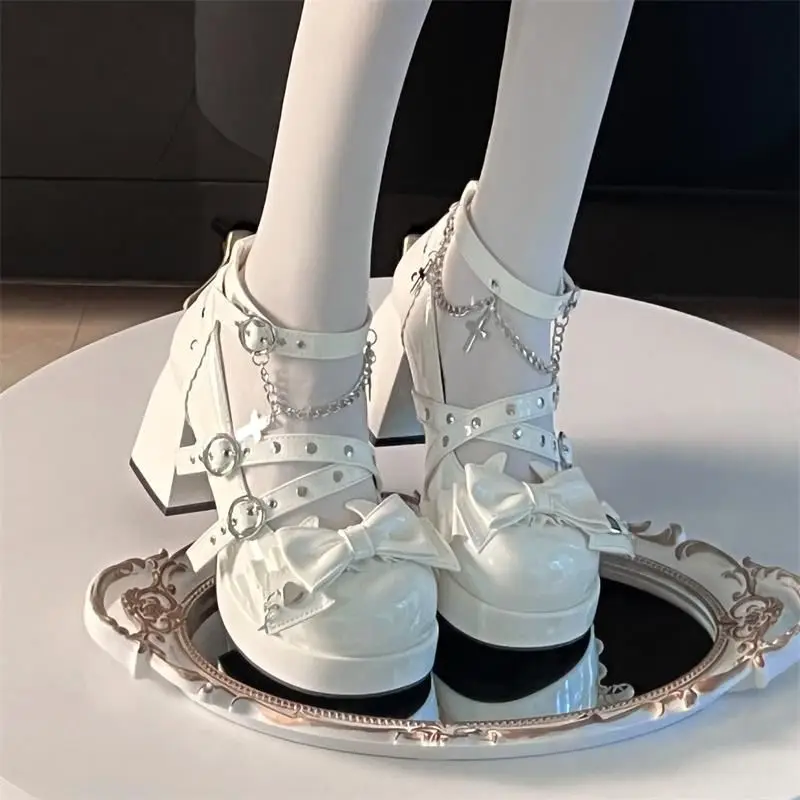 

Lolita Shoes Women High Heels Shoes 2025 Ladies Square Toe Metal Chain Designer Women Pumps With Cute Bow Mary Jane Shoes