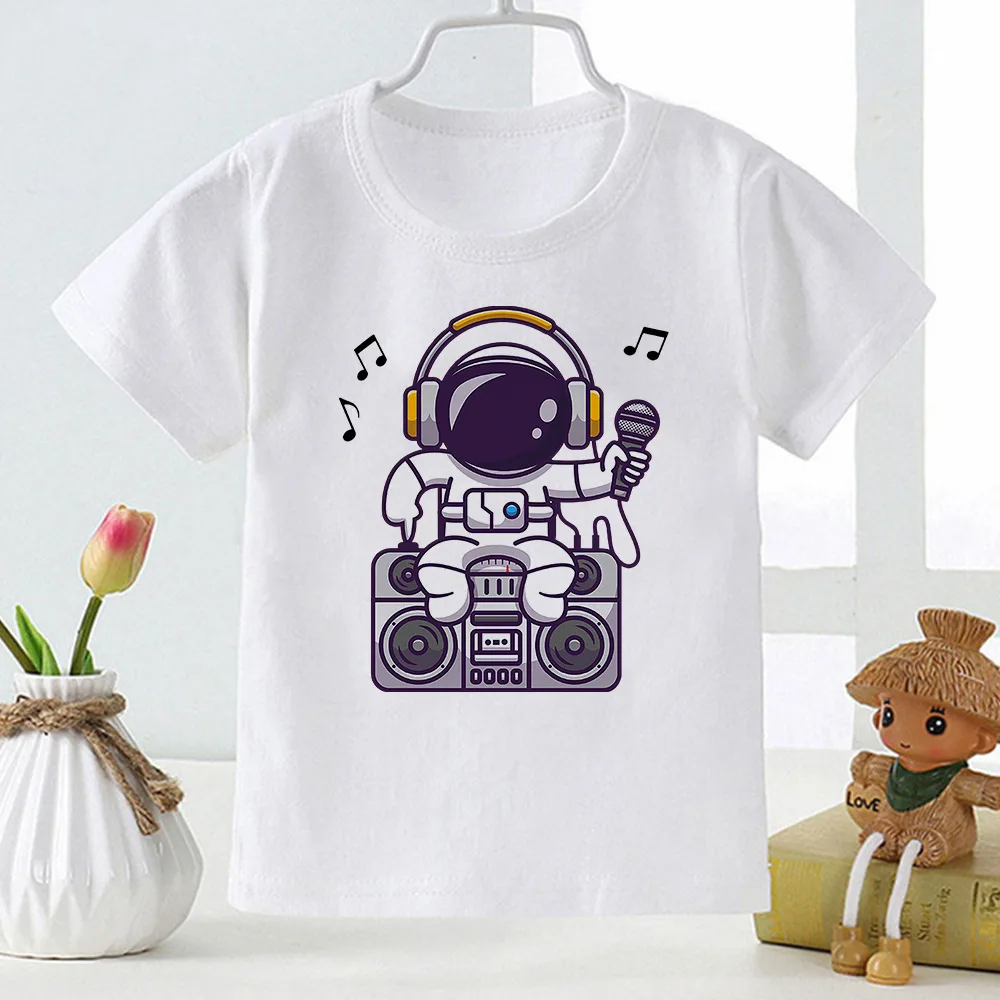 Cartoon Astronaut Print Boys and Girls Casual Shirt T-shirt Middle School Short Sleeve Parent-child Suit