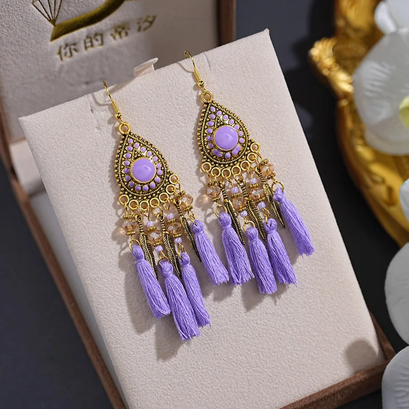 New Bohemian Vintage Water Drop Tassel Earrings for Women Classic Long Drop Glaze Crystal Bead Leaf Dangle Earring Party Jewelry