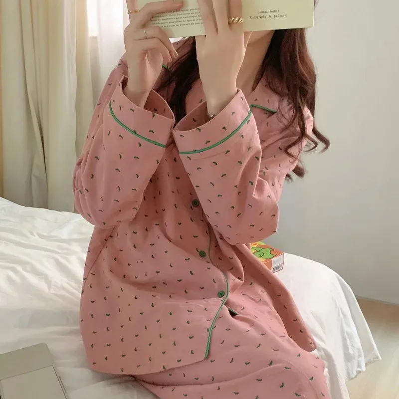 

Women's Pajamas New Autumn Spring Long Sleeve Soft Sleepwear Set Striped cartoon pyjama Woman Home Nightwear Set Cardigan