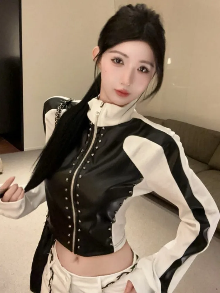 Women Crop Motorcycle Jacket 2025 Autumn Faux Leather Jacket Women's Stand Collar Ribbed Versatile Autumn Winter Cardigan