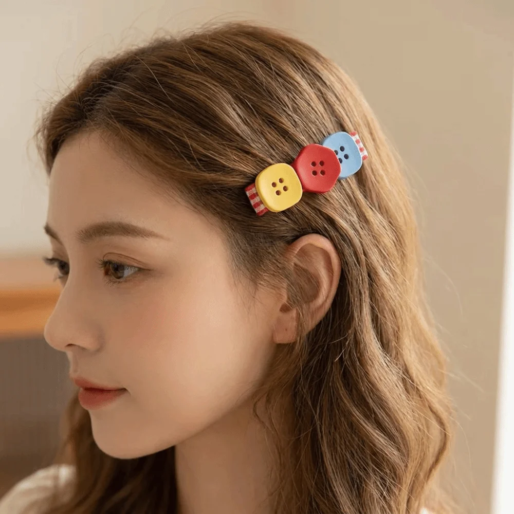 2 pcs/set Boho Resin Button Hair Clips Small and Cute Red Blue Plaid Bangs Clip Colorful Lightweight Duckbill Clips For Girls
