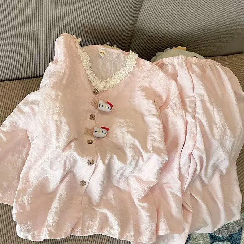 

Sanrio Solid Color Pajamas for Women Spring and Autumn Long Sleeved Pants Cloud Cotton Cute KT Cat Home Clothes