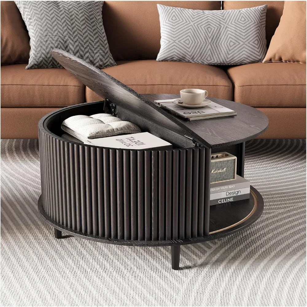 

Round Coffee Table with Storage, Mid Century Modern Center Table with Sliding Cabinet Door, Fluted Dining Table for Living Room,